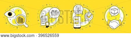 Skyscraper Buildings, Technical Documentation And Builders Union Line Icons Set. Licence, Cell Phone
