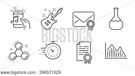 Electric Guitar, Certificate Diploma And Chemistry Molecule Line Icons Set. Music Phone, Timer And C