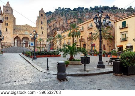 Cathedral And Square In The Early Morning. Cefalu. Sicily.