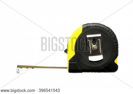 Tape Measure On A White Background. A Useful Building Tool. Tape Measure Close-up