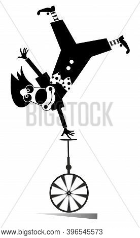 Funny Clown Balances On The Unicycle Illustration. Cartoon Smiling Clown Balances Legs Up On Unicycl