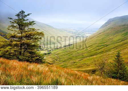 Rugged Landscape At Glengesh Pass, County Donegal, Ireland. Beach With Cliffs, Green Rocky Land With