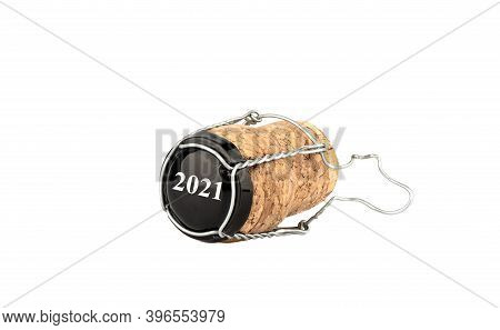 On The Lid With Muselet, The Numbers 2021. Champagne Cork With Muselet On A White Background. Close 