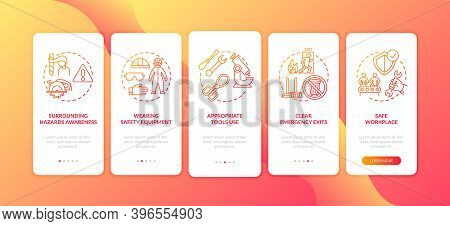 Workplace Safety Elements Onboarding Mobile App Page Screen With Concepts. Appropriate Tools Use Wal