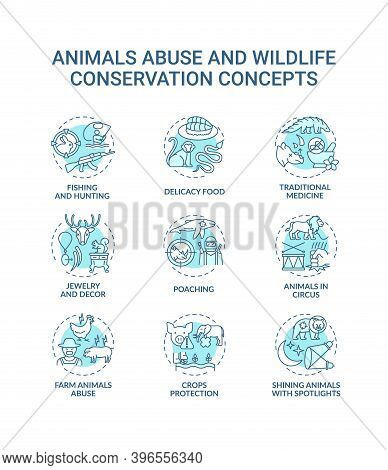 Animal Abuse And Wildlife Conservation Turquoise Concept Icons Set. Harm To Ecosystem. Environment P