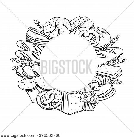 Breads, Baked Products, Pastry, Circle Template Frame Vector Hand-drawn Outline Illustration On Whit