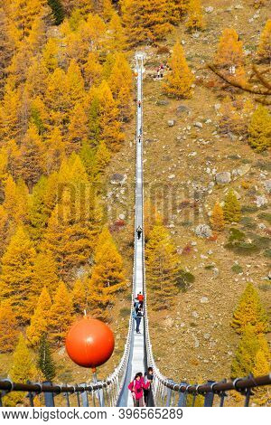 Randa, Switzerland - October 27, 2019: The Charles Kuonen Suspension Bridge In Mettertal, Valais, Sw
