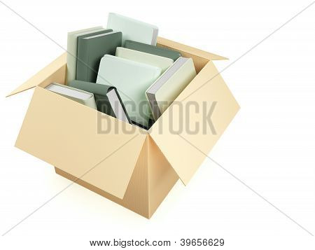 Cardboard Box With Heap Of Books Isolated