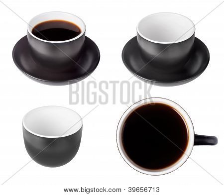 Set Of Black Coffee Espresso Cup With Top View Full And Empty Isolated