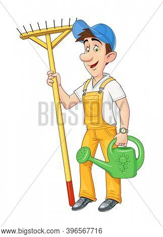Gardener with rake and watering can. Working occupation. Cartoon character. Agriculture hobby. Housekeeping job. Isolated white background. 3D illustration.