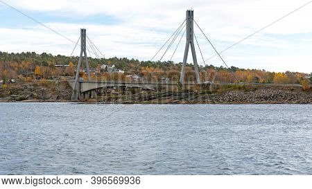 Hvaler, Norway - October 27, 2016: Hvalerporten Suspension Road Bridge To Hvaler Island, Norway.