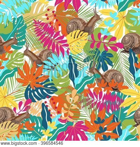 Vector Tropical Abstract Seamless Pattern. Tropical Colorful Leaves And Snail. Vector