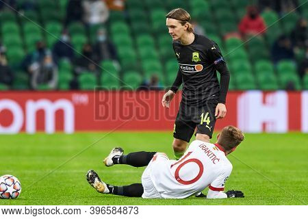 Krasnodar, Russia - November 24, 2020: Kristoffer Olsson Of Fc Krasnodar Battle For The Ball With Iv