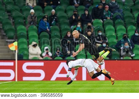 Krasnodar, Russia - November 24, 2020: Igor Smolnikov Of Fc Krasnodar Battle For The Ball With Sergi