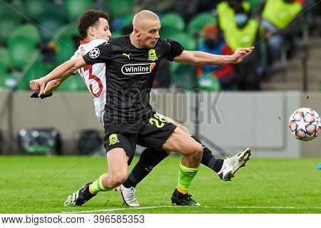 Krasnodar, Russia - November 24, 2020: Igor Smolnikov Of Fc Krasnodar Battle For The Ball With Oussa
