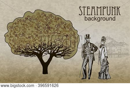 Template Steampunk Design For Card. Frame Steampunk Background. The Stylized Tree. Man And Woman In 