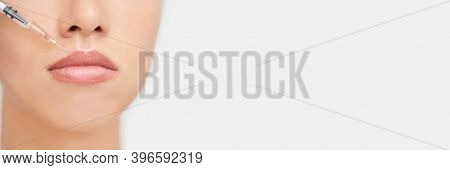 Near Eye Injection At Spa Salon. Doctor Hands. Closeup. High Quality. Pretty Female Patient. Beauty 