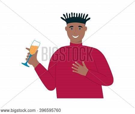 Yuong Man Holding Glass With Champagne And Giving Toast. Afroamerican Smiling Guy Celebrating Birthd