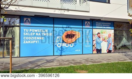 Warsaw, Poland. 25 November 2020. Sign Aldi. Company Signboard Aldi.