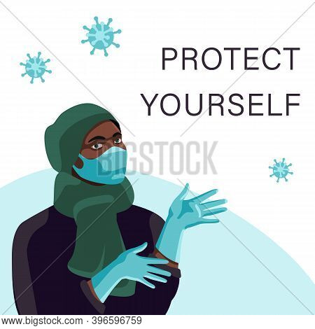 Black Woman In Mask, Gloves On White Backdrop. Protect Yourself Text For Social Banner Or Propaganda