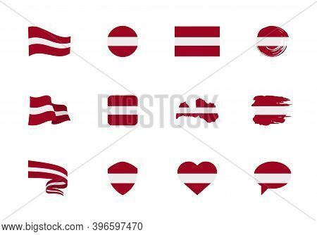 Latvia Flag - Flat Collection. Flags Of Different Shaped Twelve Flat Icons.