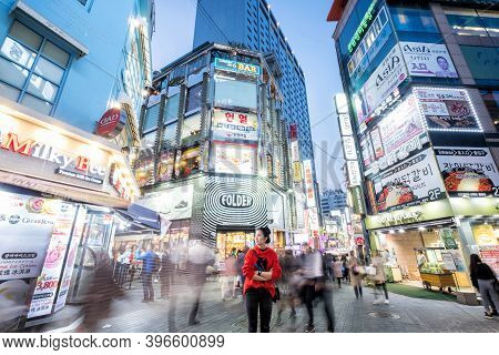 Seoul, Soth Korea, 29 March 2018 : Korean People And Tourist Walking Around Myeong-dong  At Night Fo