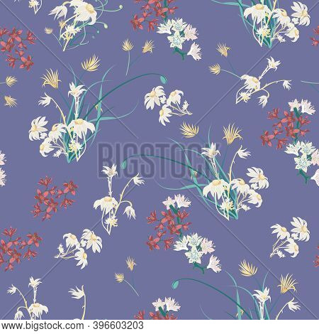 Australian Floral Purple Flannel Flowers Christmas Bush Seamless Vector Repeat Pattern. Vector Illus