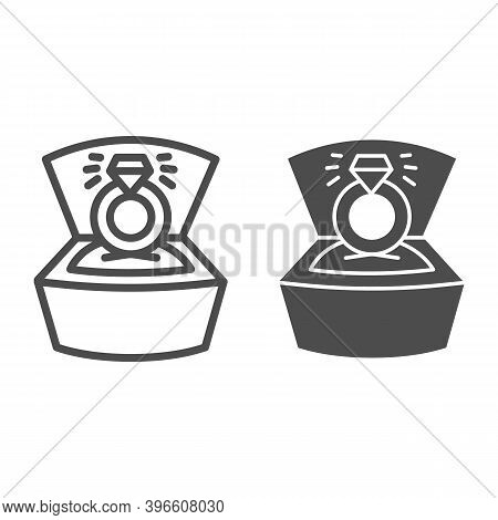 Ring With Diamond In Open Box Line And Solid Icon, Valentine Day Concept, Wedding Ring With Brillian