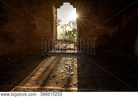 The Scenery Of Sunshine On The Buddha's Footprint Inside The Pagoda On The Top Of Khao Nor In Nakhon