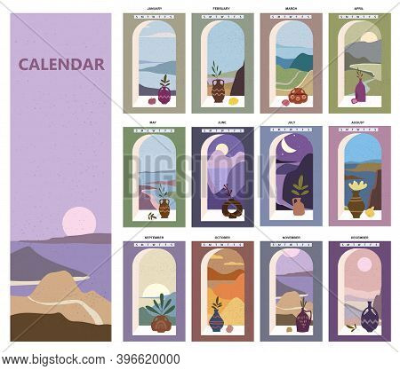 Calendar Minimalistic Window View Landscape Natural Backgrounds Of Four Seasons. Winter Wonderland, 