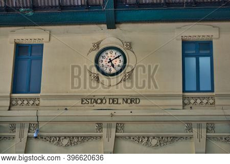Close-up And Detail Of Estacio Del Nord Clock Railway Station In Valencia