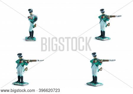 4 In 1 Photo Of Handmade Tin Soldiers With Musket On The White Background