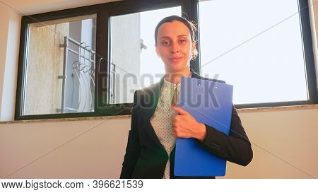 Business Woman Smiling Enjoying Successful Startup Company, Proud Manager In Office Workspace. Entre