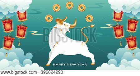 2021 Happy Chinese New Year Of Bull. Eastern Symbol Of Coming Year With Coins And Lanterns. Lunar Zo