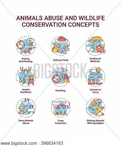 Animal Abuse And Wildlife Conservation Concept Icons Set. Harm To Ecosystem. Environmental Protectio