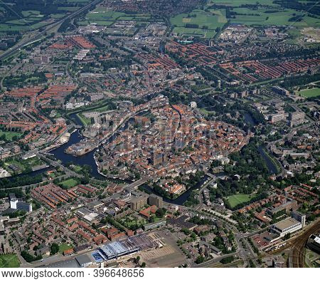 Zwolle, Holland, July 12 - 1990: Historical aerial photo of the city Zwolle, Overijssel capital  in de region IJsseldelta