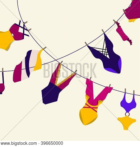 Women's Swimwear Hanging On Rope.  Vector Flat Illustration.