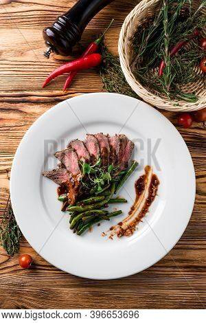 Flank Steak With Chimichurri Sauce. Healthy Food. Style Vintage. Skirt Steak Top View, Flat Lay