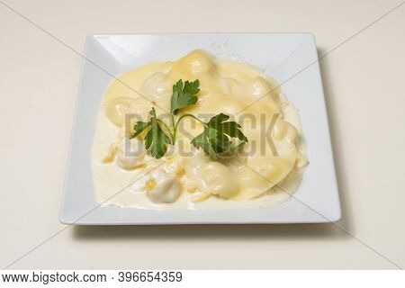 Fagottini Pasta With Cheese Sauce. Italian Food.