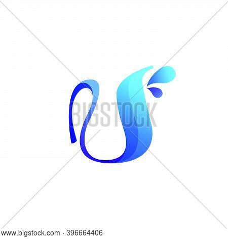 Clean Blue U Letter Logo With Water Splash And Drops. Vector Icon Perfect For Ecology Labels, Pool E