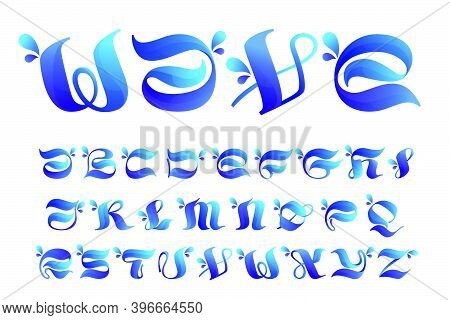 Clean Blue Alphabet With Water Splash And Drops. Vector Icon Perfect For Ecology Labels, Pool Emblem