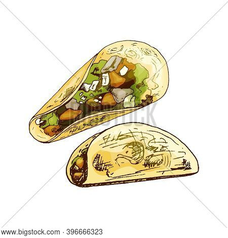 Taco - Mexican Traditional Food. Vector Vintage Hatching Color Illustration. Isolated On White Backg