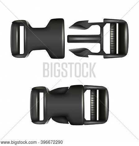 Vector 3d Realistic Black Dual Quick Release Buckle, Closed And Opened. Isolated On White Background