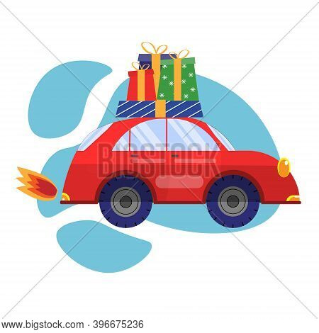 Small Red Retro Car With Present On The Top. Christmas, New Year, Birthday Concept. Preperation For 