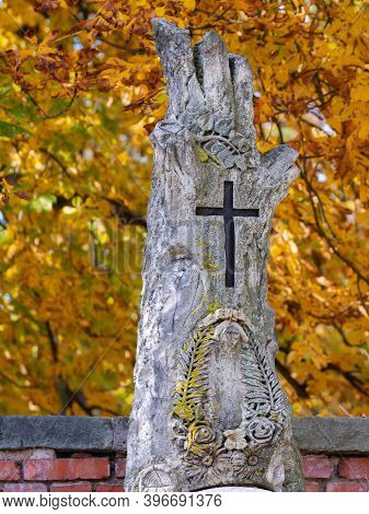 Broken Christian Tree Of Life With Black Cross. 24th Of October 2020. Hronov, Czechia.  Orange Autum