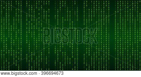 Green Matrix Background. Stream Of Binary Code. Falling Numbers On Dark Backdrop. Digital Computer C