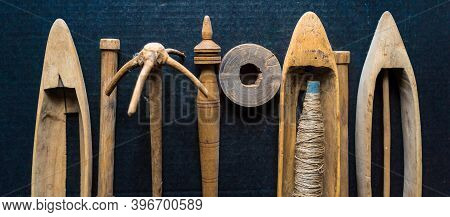 A Set Of Original Antique Wooden Weaving Tools, Hand Weaving Shuttle. Spindle, Manual Spinning