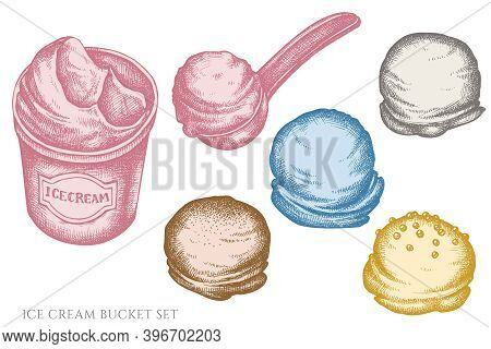 Vector Set Of Hand Drawn Pastel Ice Cream Bucket, Ice Cream Scoop, Ice Cream Balls Stock Illustratio