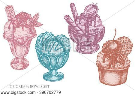 Vector Set Of Hand Drawn Pastel Ice Cream Bowls Stock Illustration