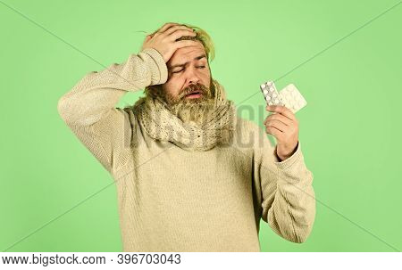 When Will It Help. Man Use Blister Of Drugs. Home Pharmacy And Treatment. Man Take Medical Prescript